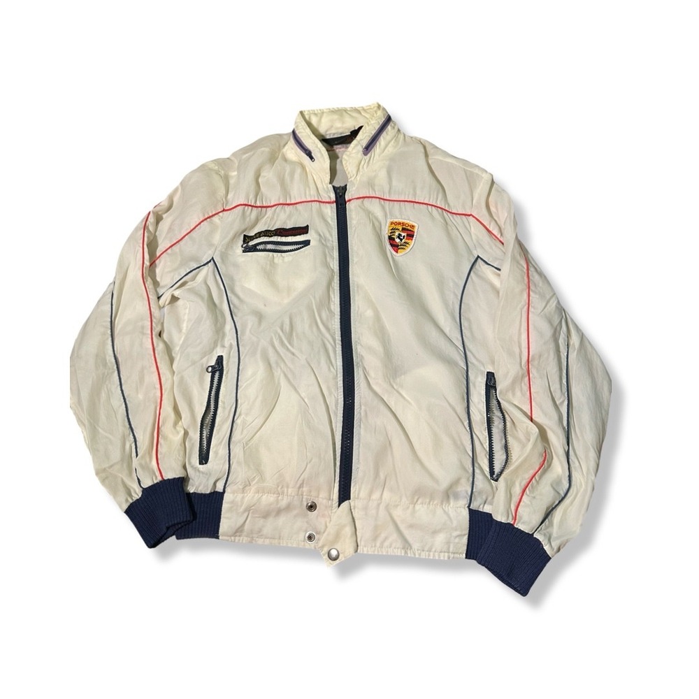 Style Auto Racing Jacket Mens L White Excellent Vintage Porsche Windbreaker 80s